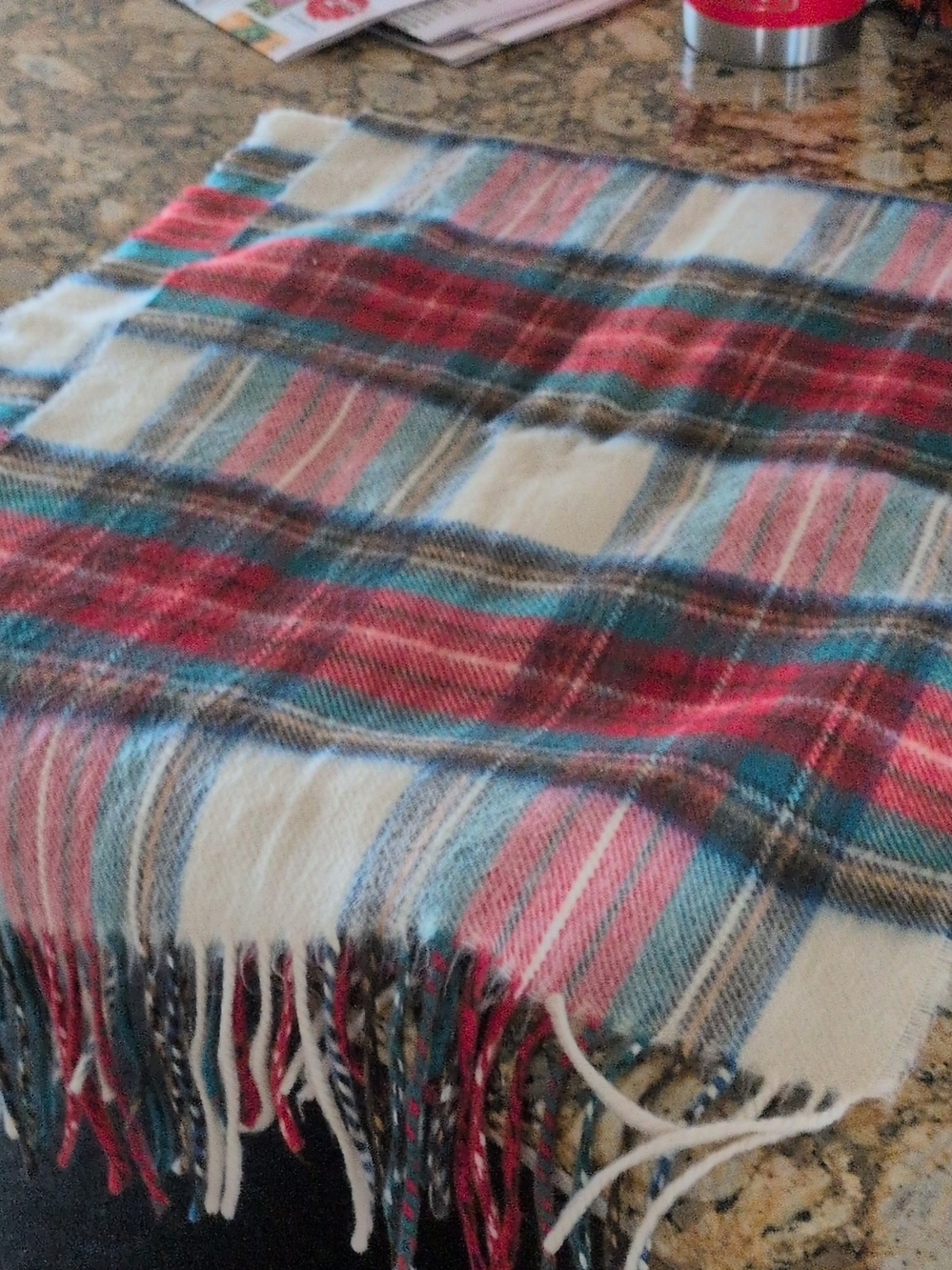 Plaid Fringe Scarf in Red, Teal & Cream